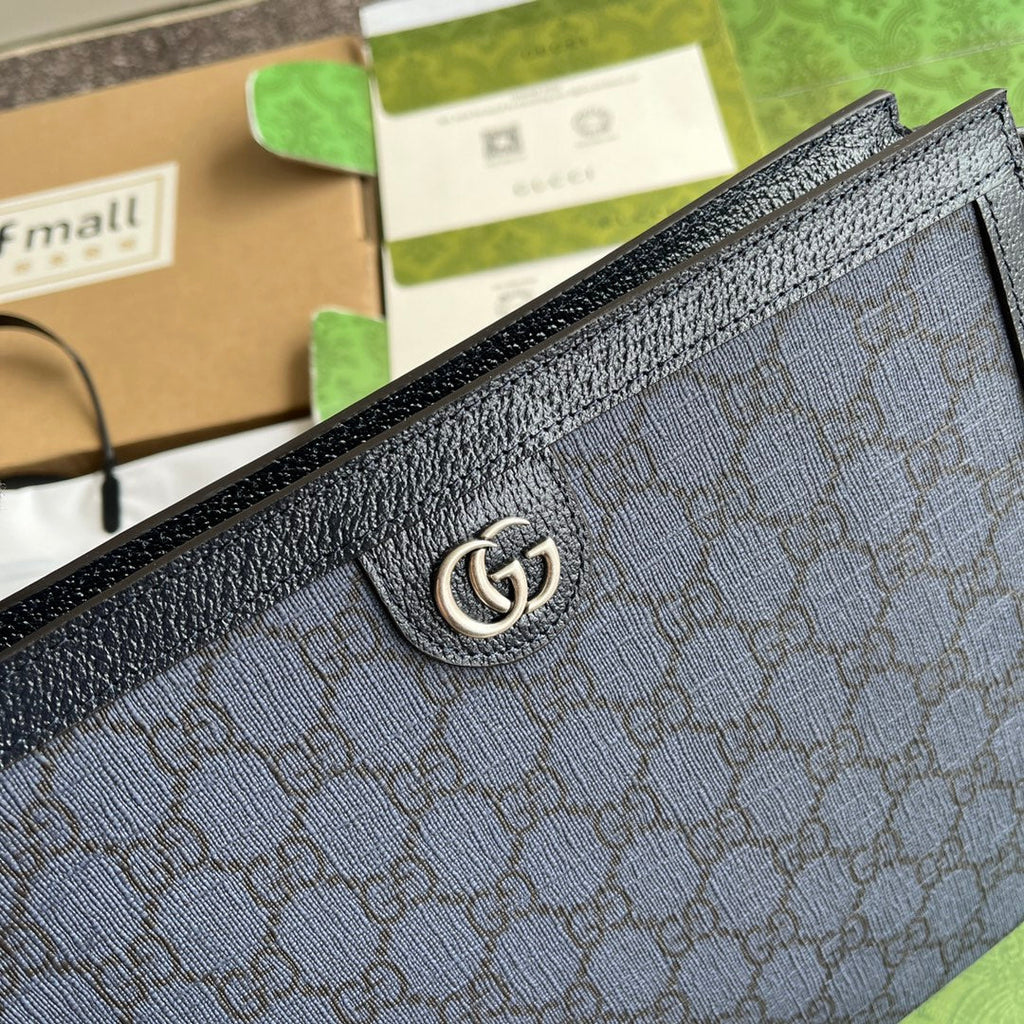 GUCCI OPHIDIA POUCH 26 IN DARK BLUE MONOGRAM CANVAS AND BLACK LAMBSKIN TRIM