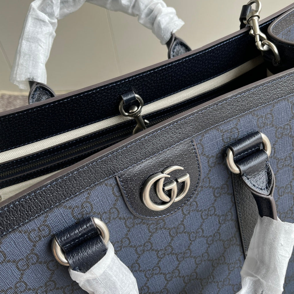 GUCCI OPHIDIA LARGE TOTE BAG 43 IN DARK BLUE AND BLACK  CALFSKIN