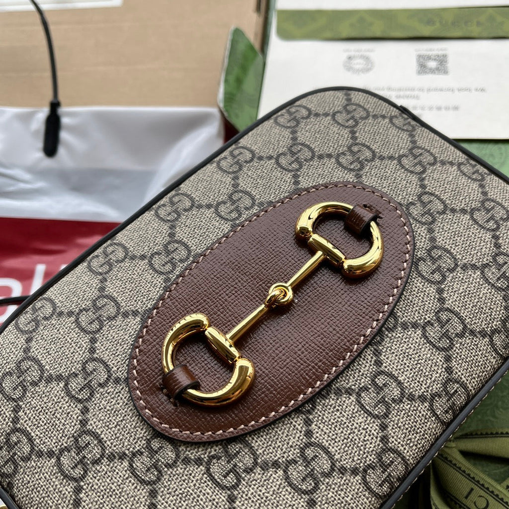 GUCCI HORSEBIT 1955 SMALL CAMERA BAG 20 IN BEIGE AND EBONY  BROWN CALFSKIN