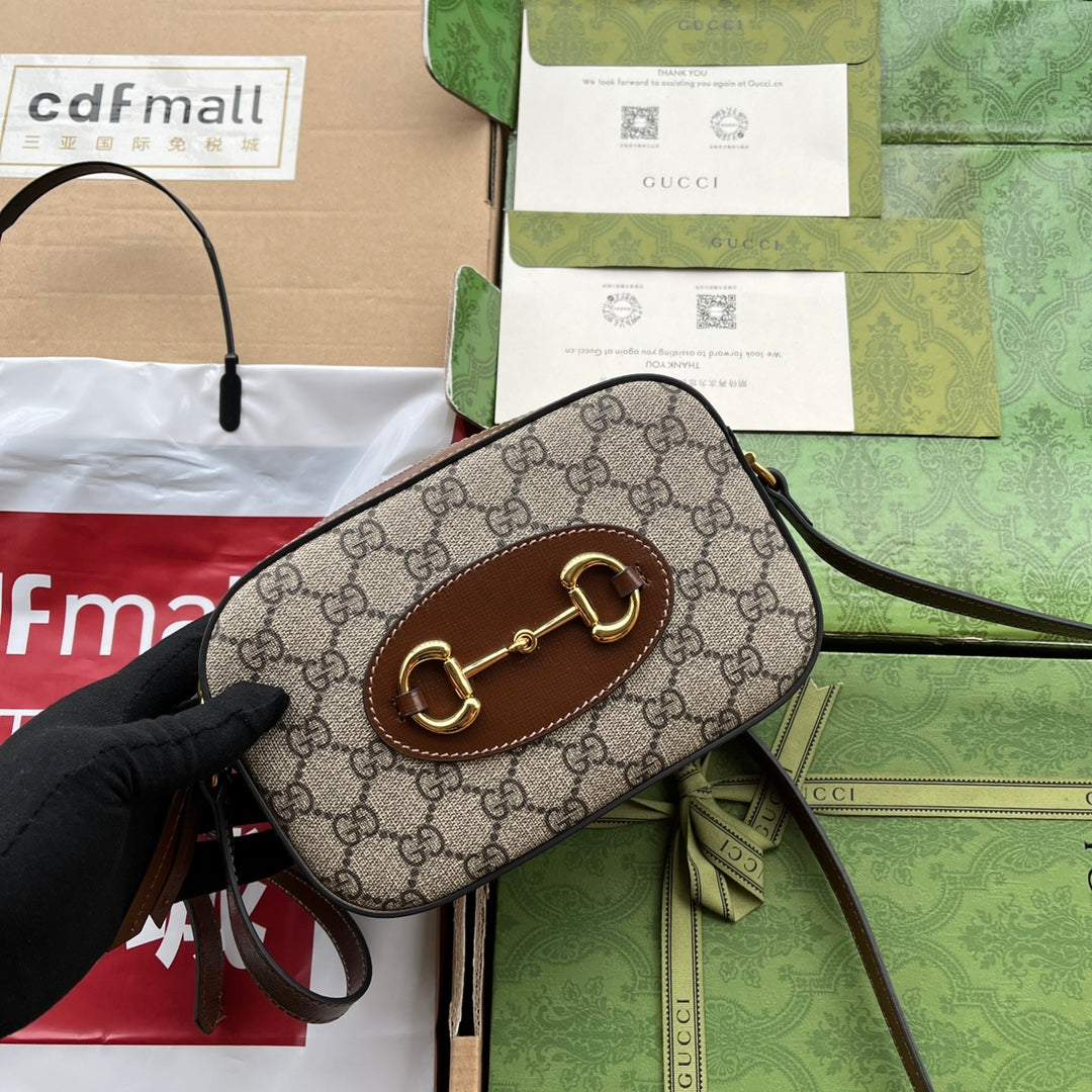 GUCCI HORSEBIT 1955 SMALL CAMERA BAG 20 IN BEIGE AND EBONY  BROWN CALFSKIN