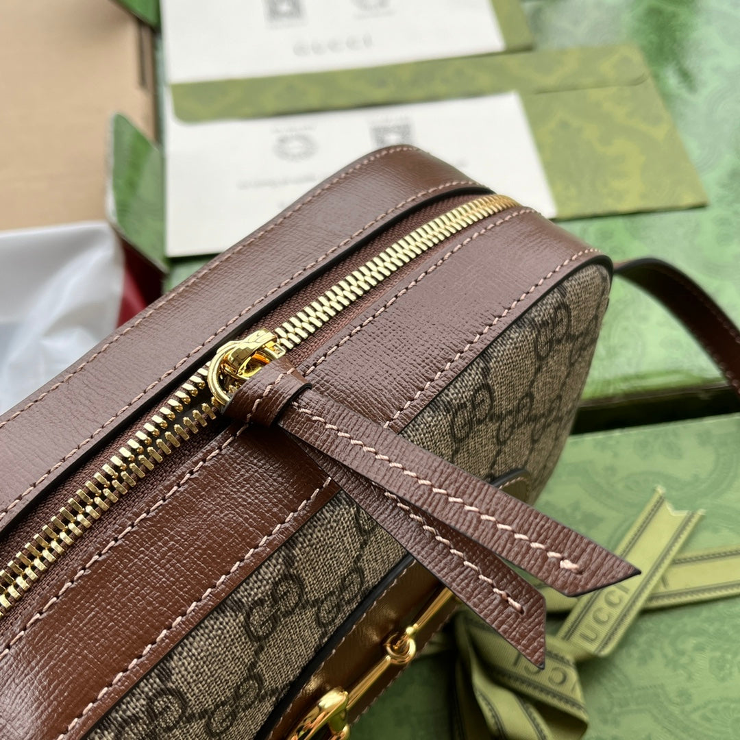 GUCCI HORSEBIT 1955 SMALL CAMERA BAG 20 IN BEIGE AND EBONY  BROWN CALFSKIN