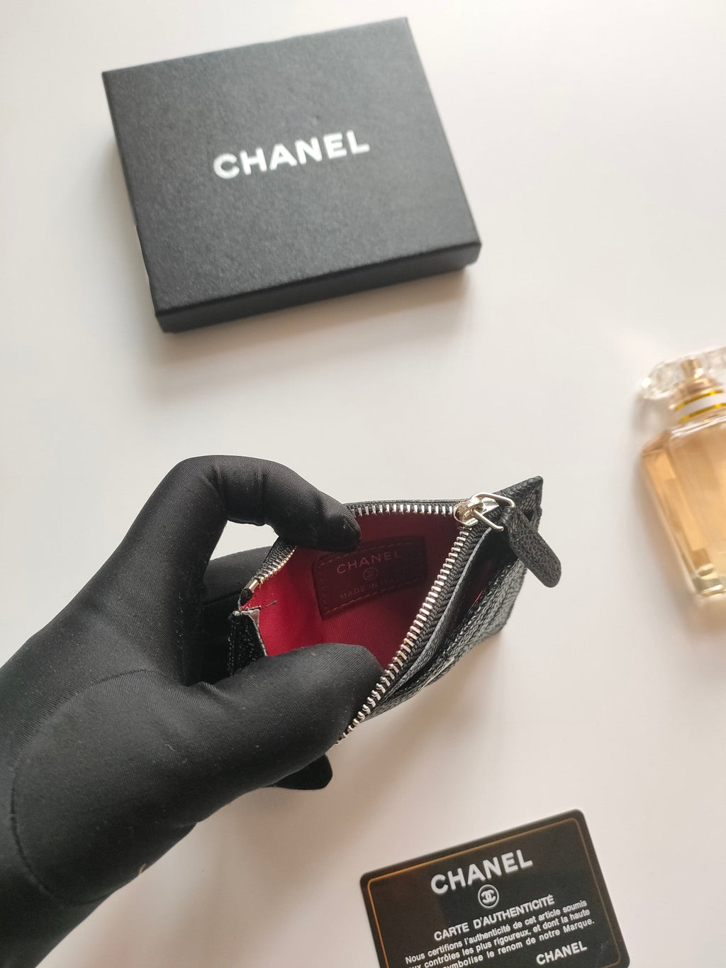 CHANEL ZIPPED CARD HOLDER 11.5 BLACK GRAINED CALFSKIN GOLD ICON