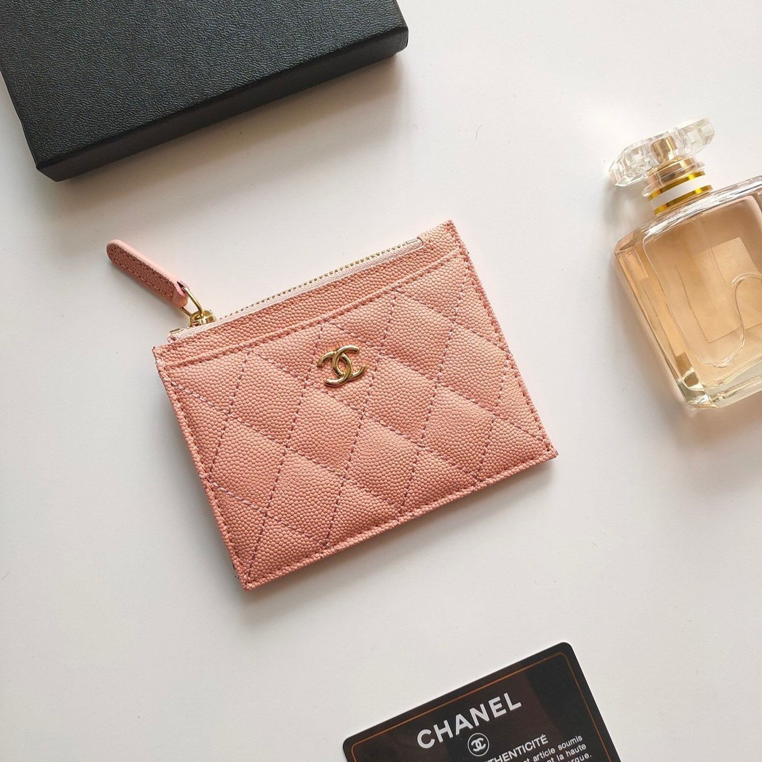 CHANEL ZIPPED CARD HOLDER 11.5 PEACH GRAINED CALFSKIN GOLD ICON