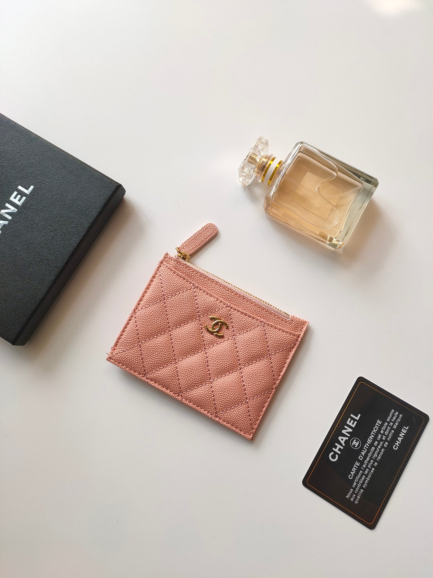 CHANEL ZIPPED CARD HOLDER 11.5 PEACH GRAINED CALFSKIN GOLD ICON