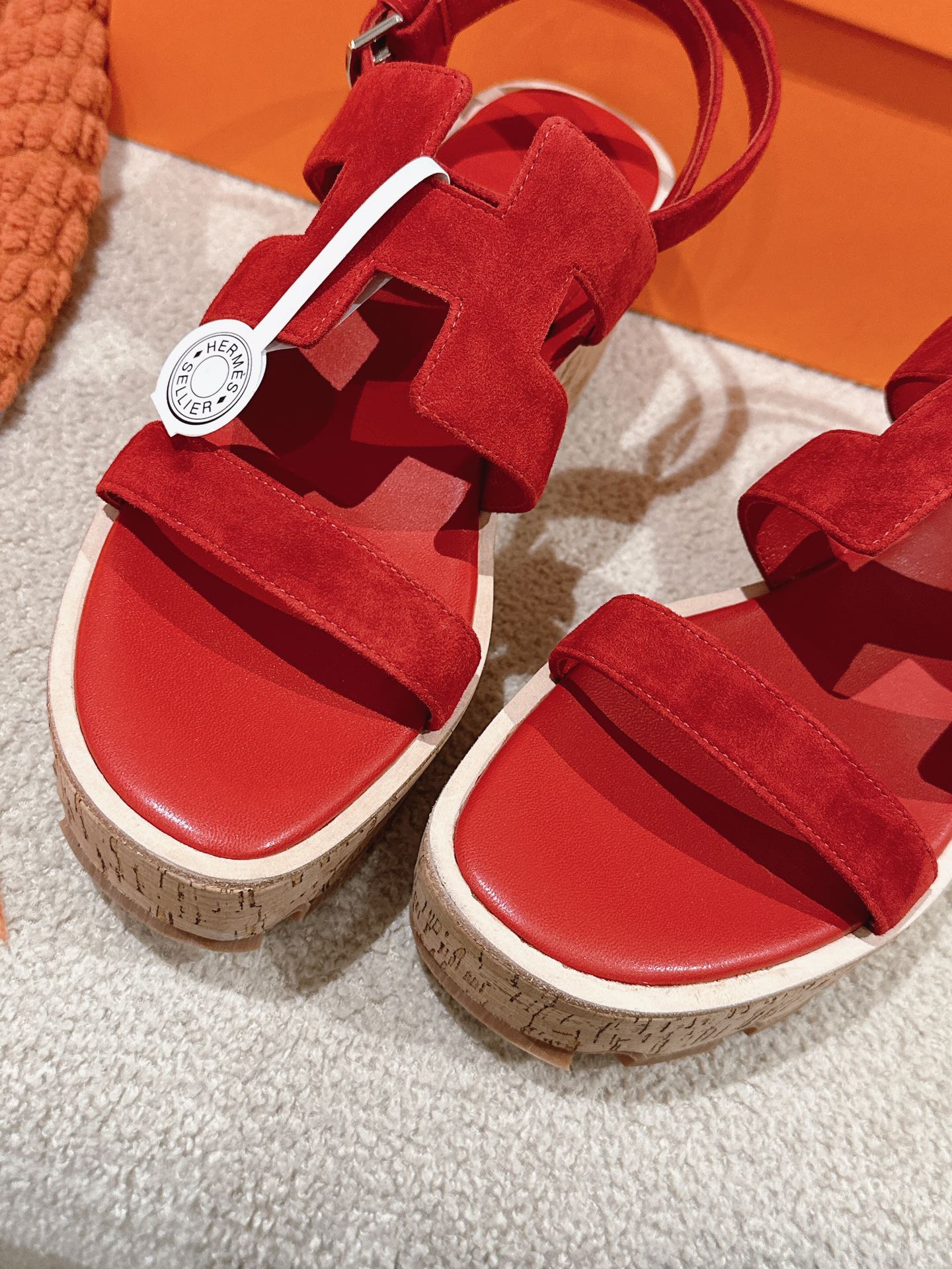 HERMES 25S HAVANE WEDGE SANDAL IN RED SUEDE