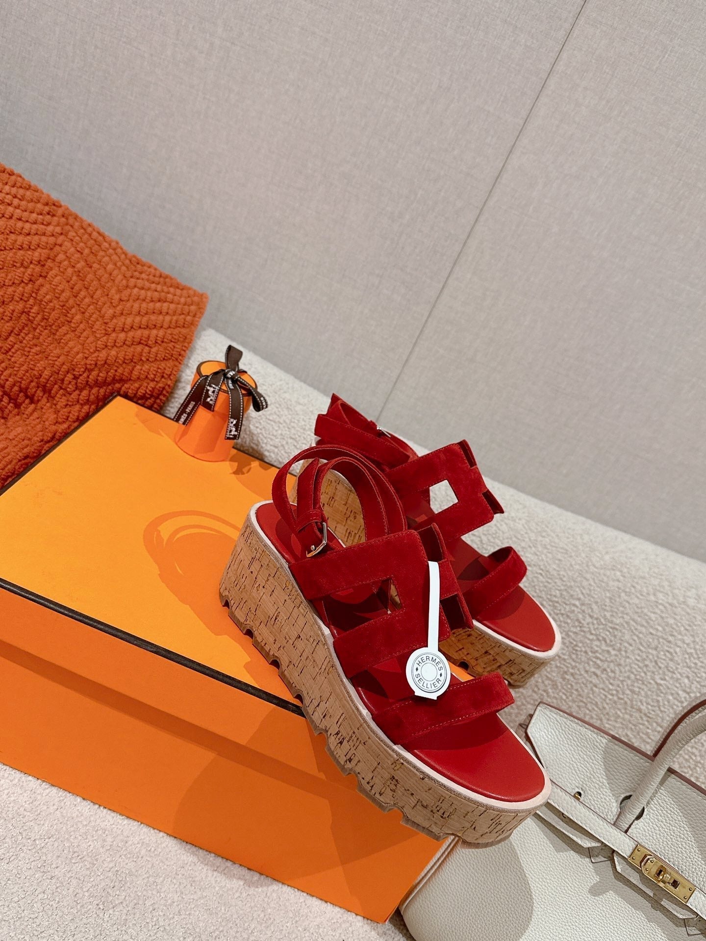 HERMES 25S HAVANE WEDGE SANDAL IN RED SUEDE