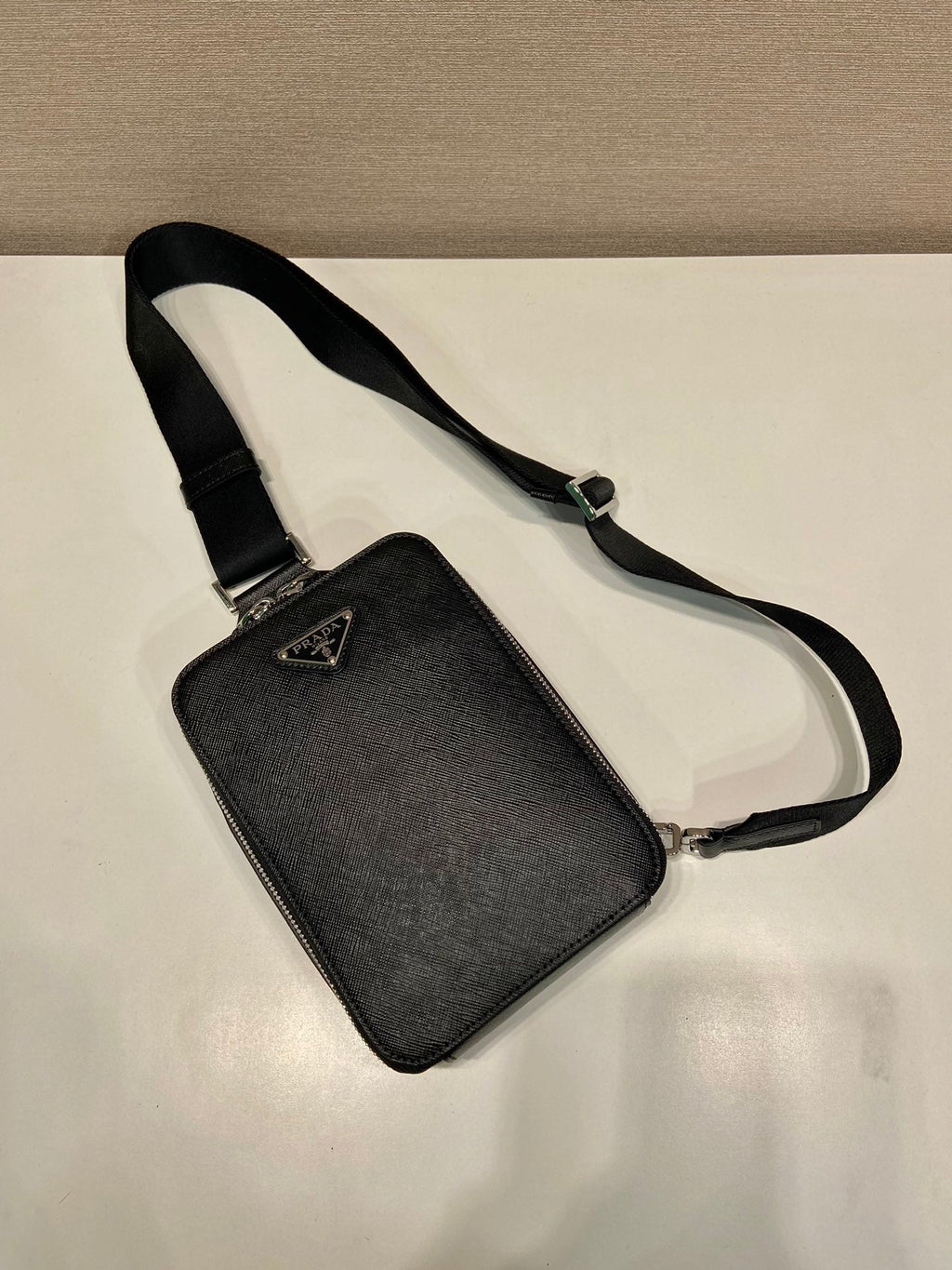 PRADA CHEST BAG 20 IN BLACK SAFFIANO LEATHER