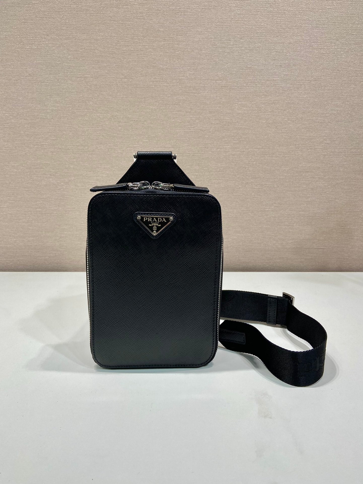 PRADA CHEST BAG 20 IN BLACK SAFFIANO LEATHER