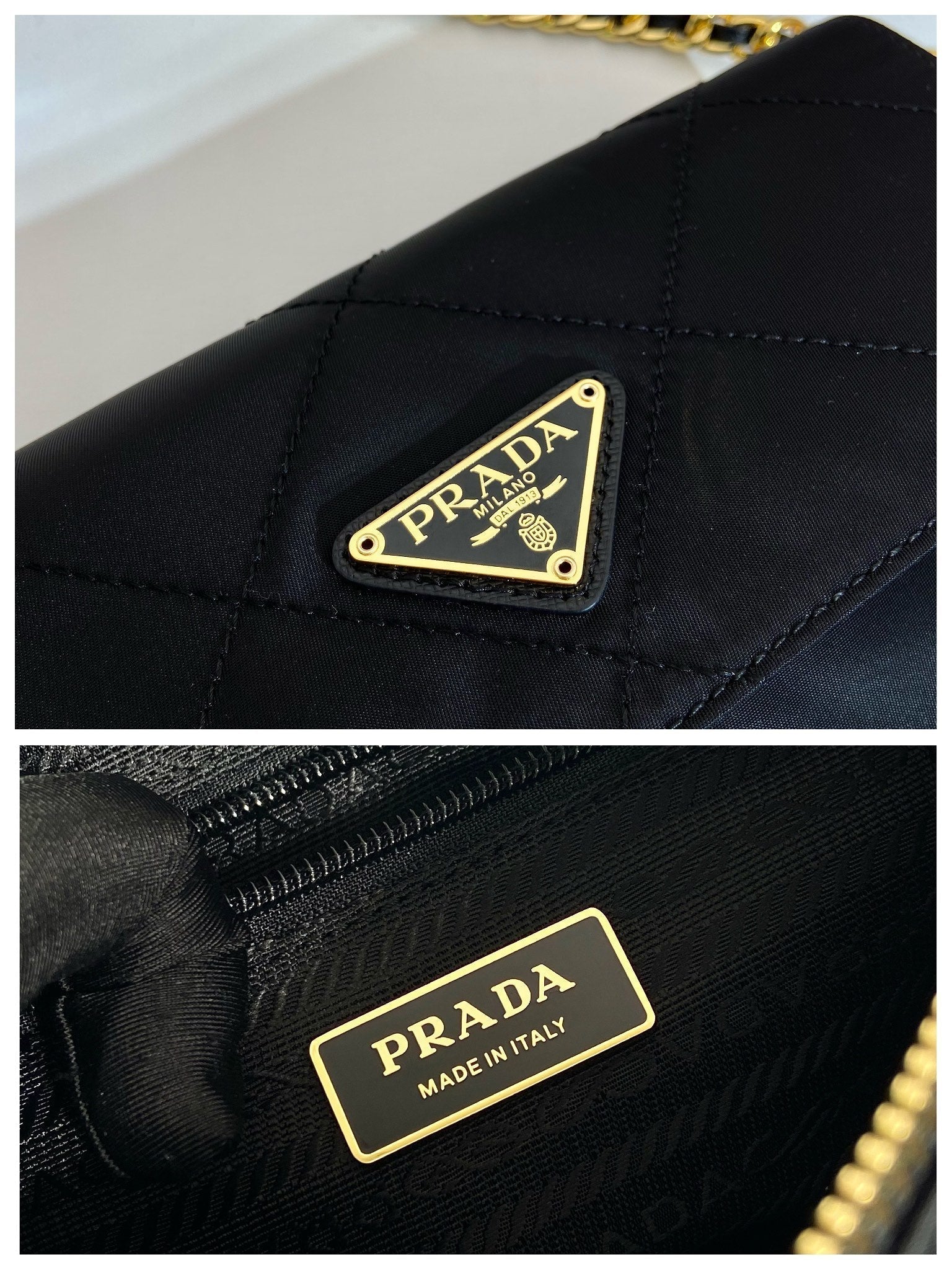 PRADA LARGE QUILTED FLAP BAG 23 IN BLACK RE-NYLON FABRIC GOLD CHAIN