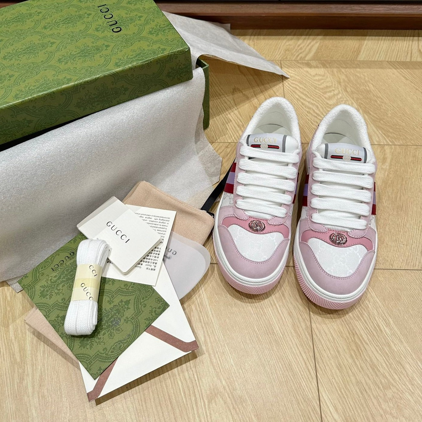GUCCI WOMEN'S SCREENER TRAINER LIGHT PINK CALFSKIN
