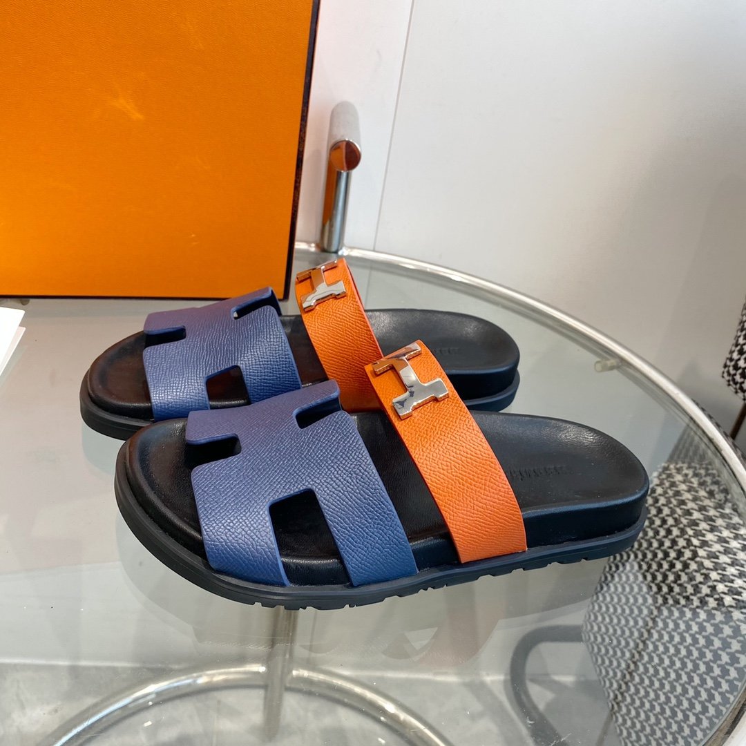 HERMES Chypre Sandal Charcoal Blue Leather