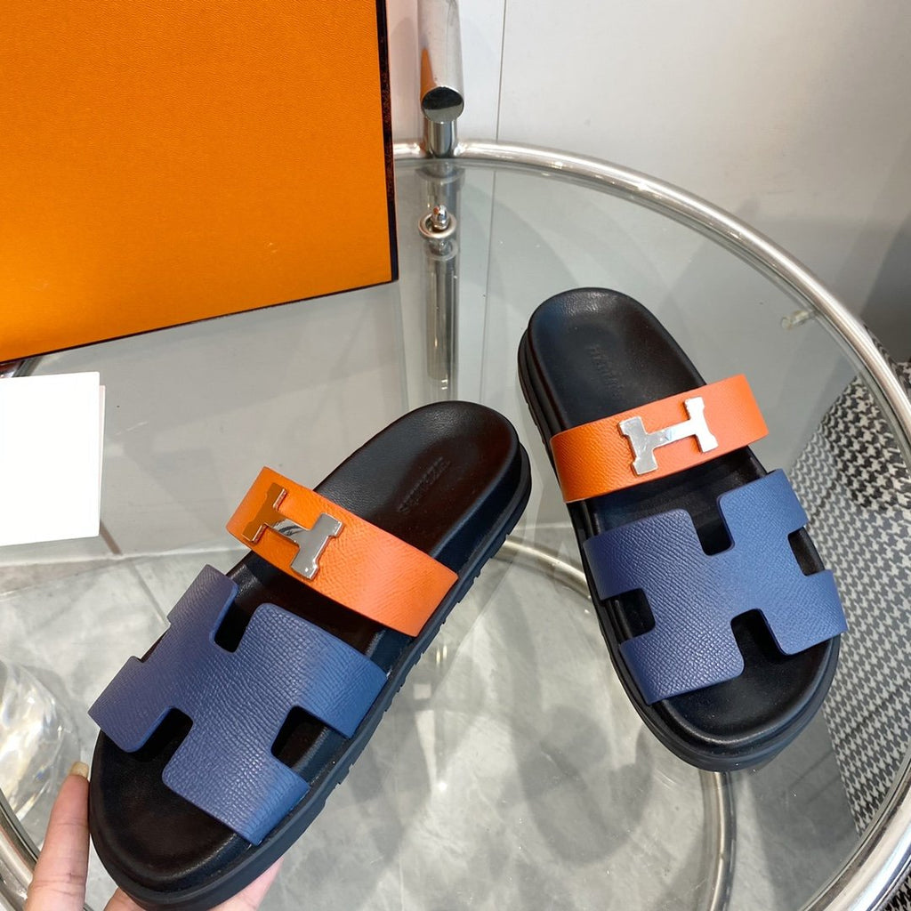 HERMES Chypre Sandal Charcoal Blue Leather