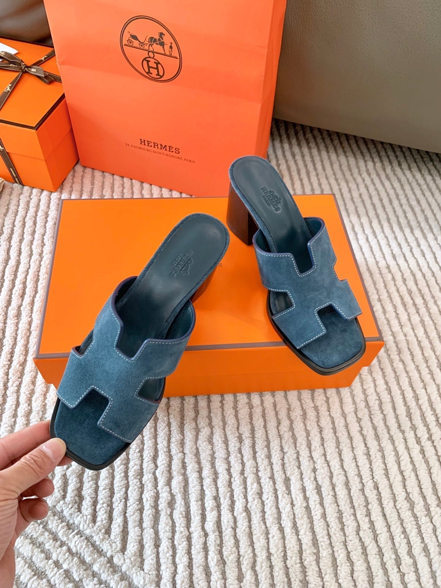 HERMES HELIA 60 SANDAL IN STONE BLUE SUEDE