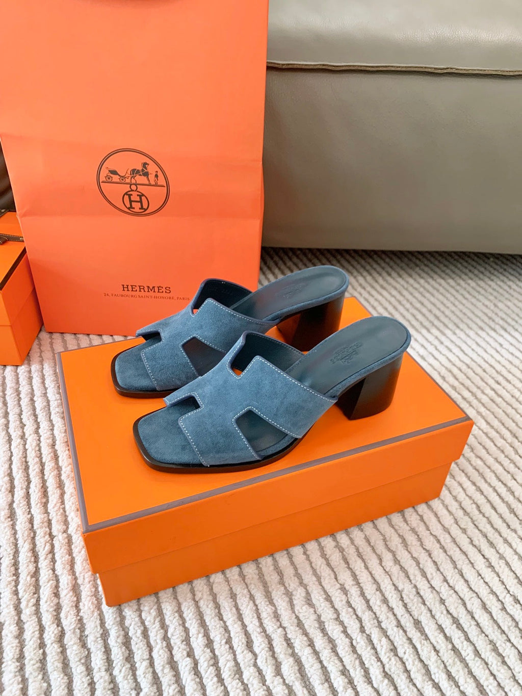 HERMES HELIA 60 SANDAL IN STONE BLUE SUEDE
