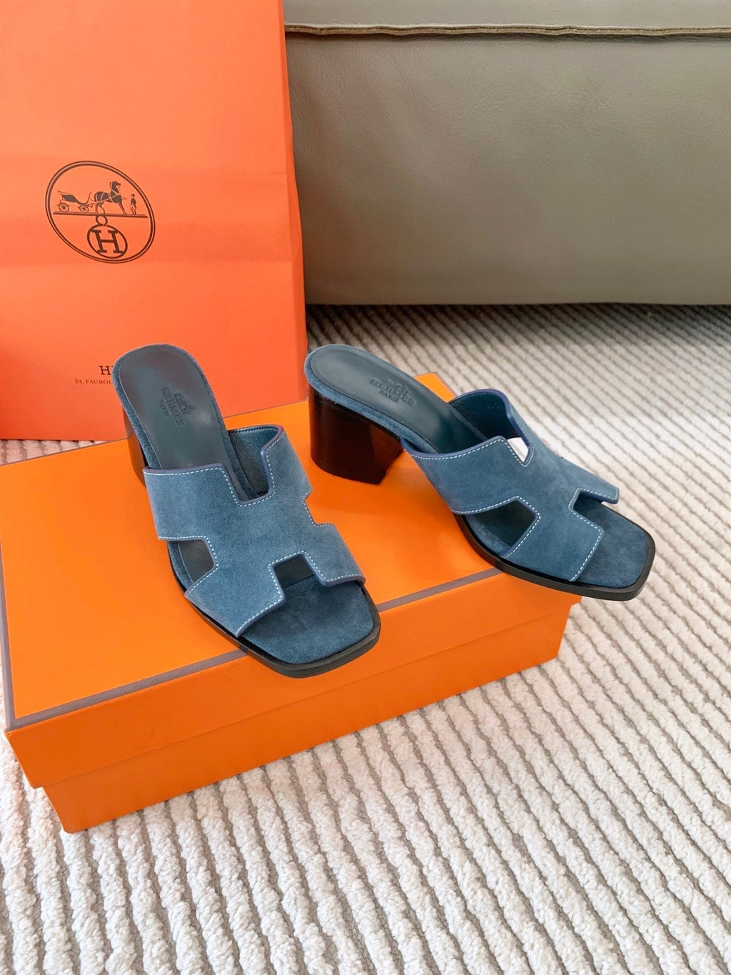 HERMES HELIA 60 SANDAL IN STONE BLUE SUEDE