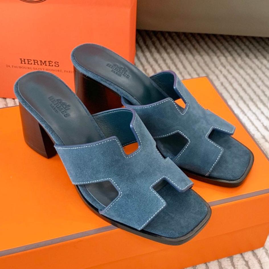 HERMES HELIA 60 SANDAL IN STONE BLUE SUEDE