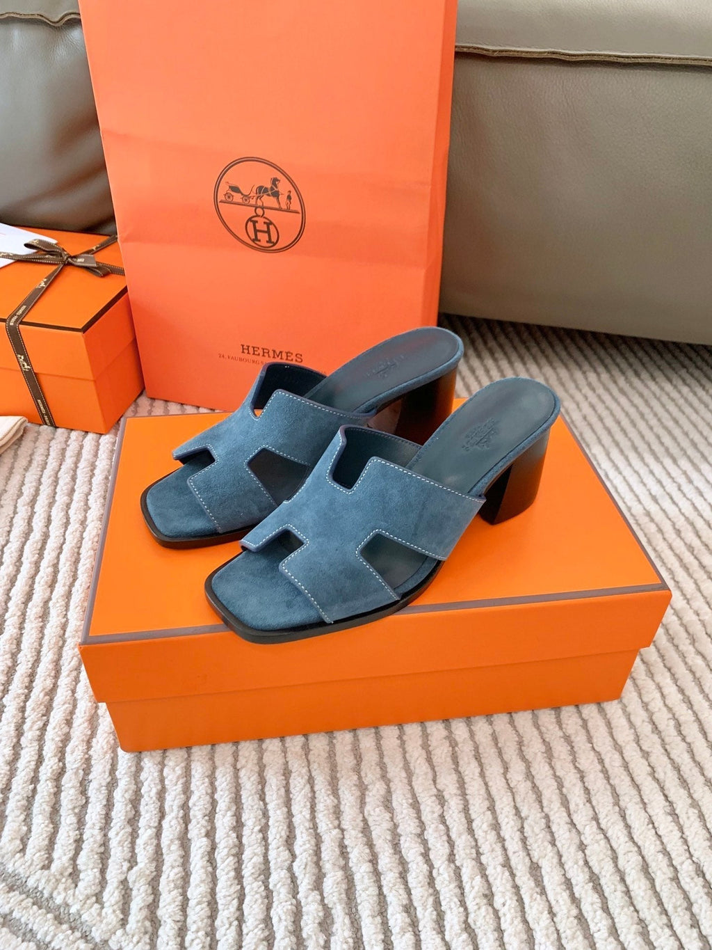 HERMES HELIA 60 SANDAL IN STONE BLUE SUEDE