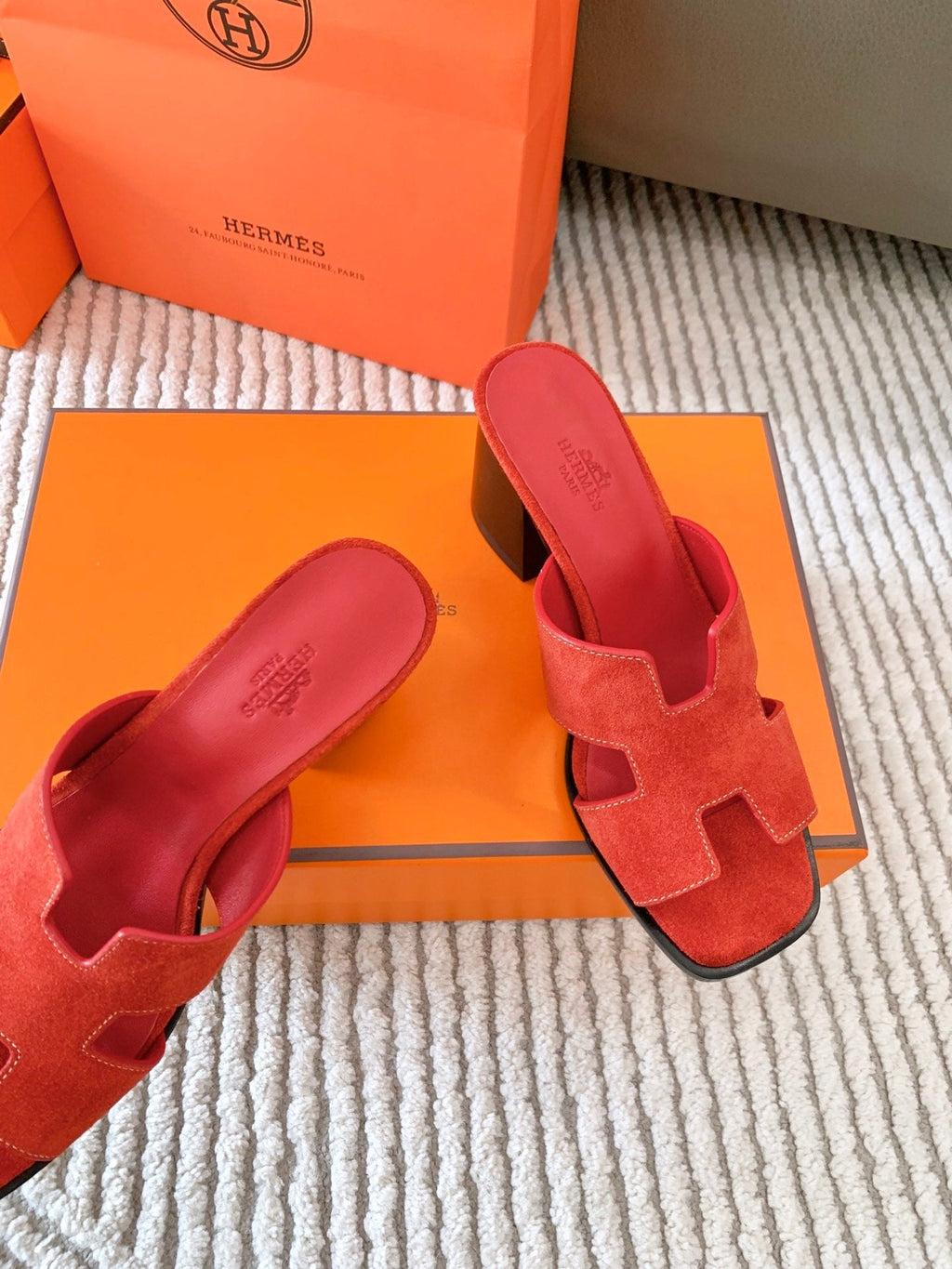 HERMES HELIA 60 SANDAL IN CHERRY RED SUEDE