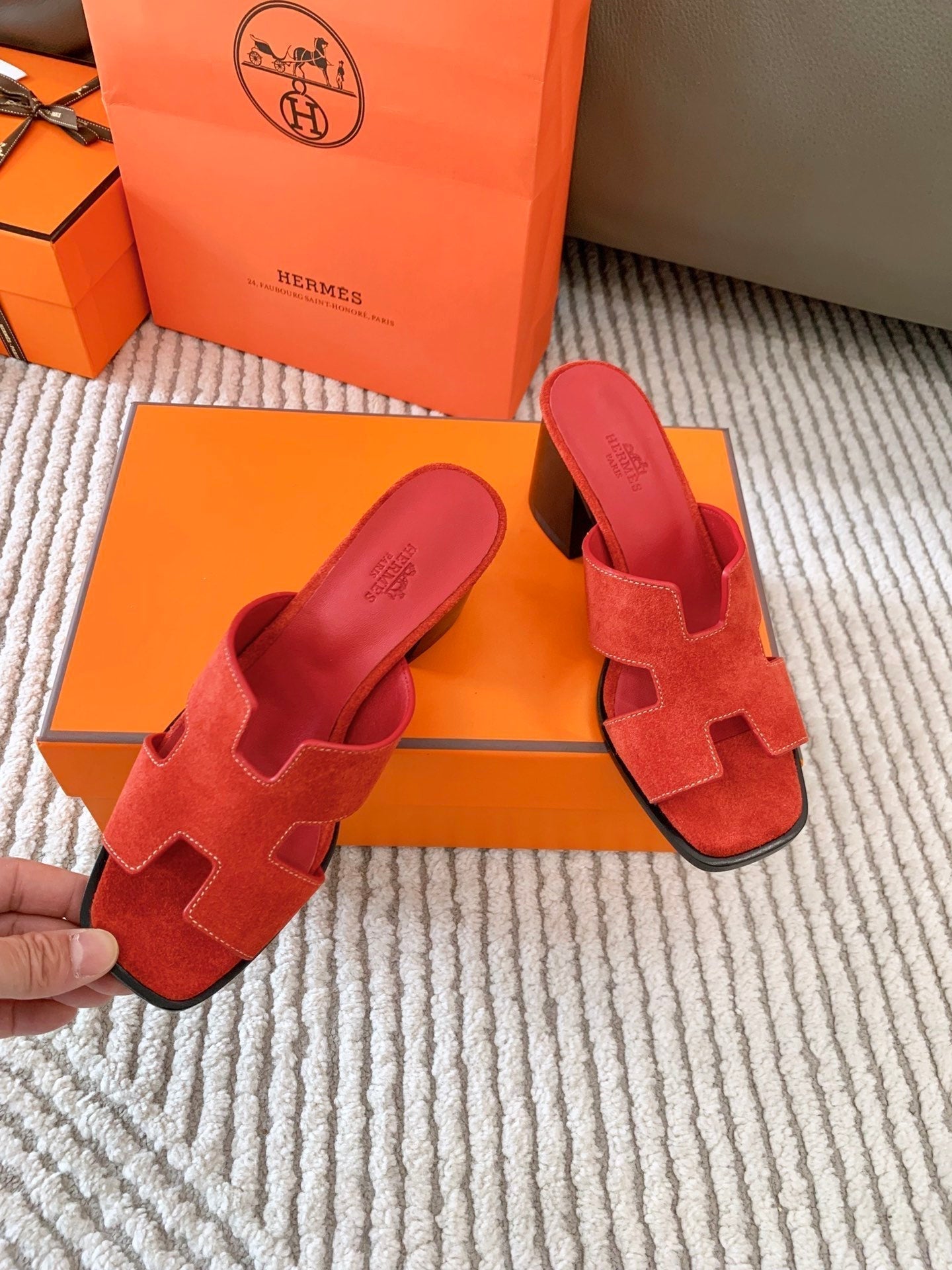 HERMES HELIA 60 SANDAL IN CHERRY RED SUEDE