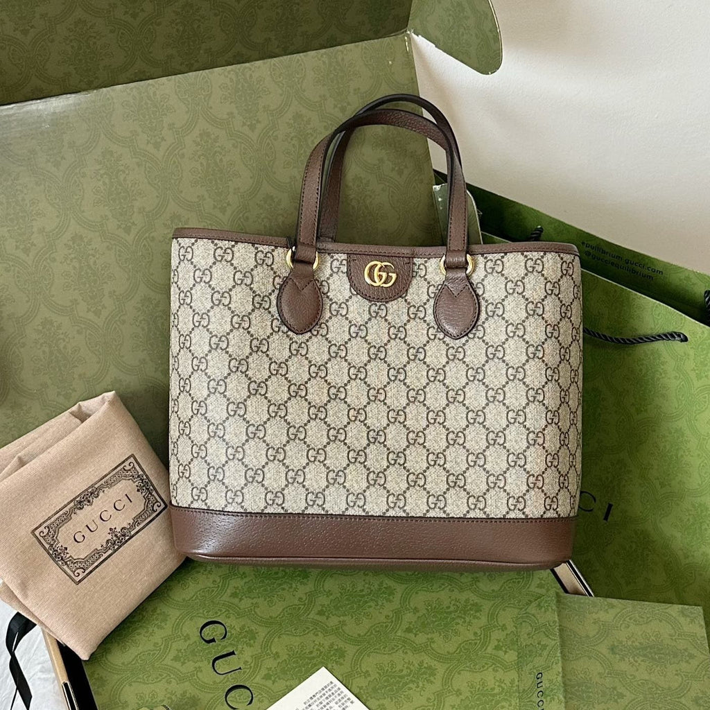 GUCCI OPHIDIA SMALL TOTE BAG 31 BEIGE CANVAS AND BROWN CALFSKIN