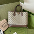 GUCCI OPHIDIA SMALL TOTE BAG 31 BEIGE CANVAS AND BROWN CALFSKIN