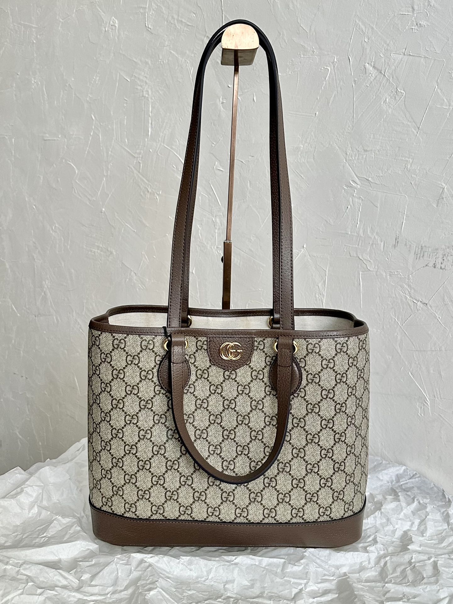 GUCCI OPHIDIA SMALL TOTE BAG 31 BEIGE CANVAS AND BROWN CALFSKIN