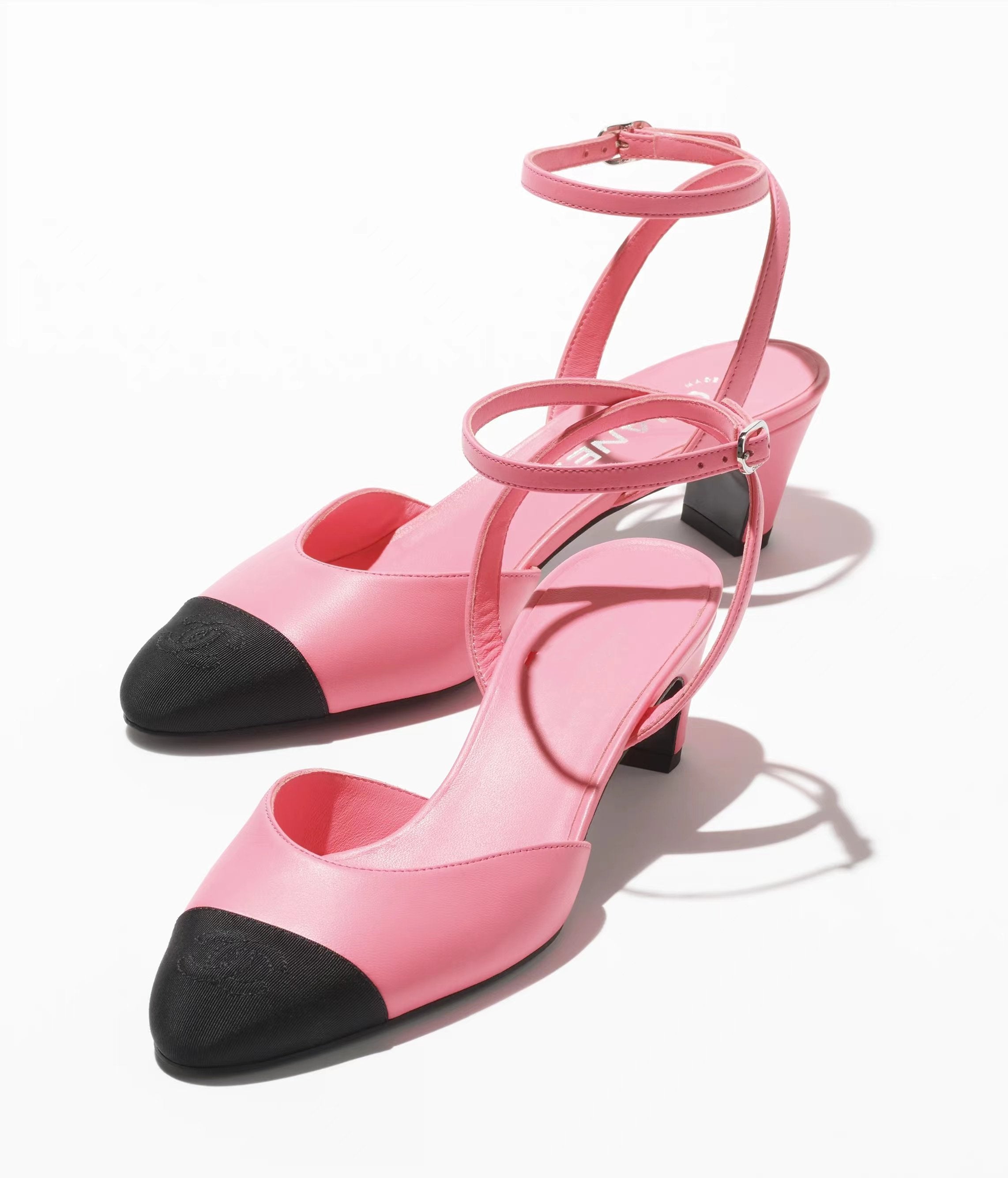 CHANEL high slingbacks pink black grosgrain