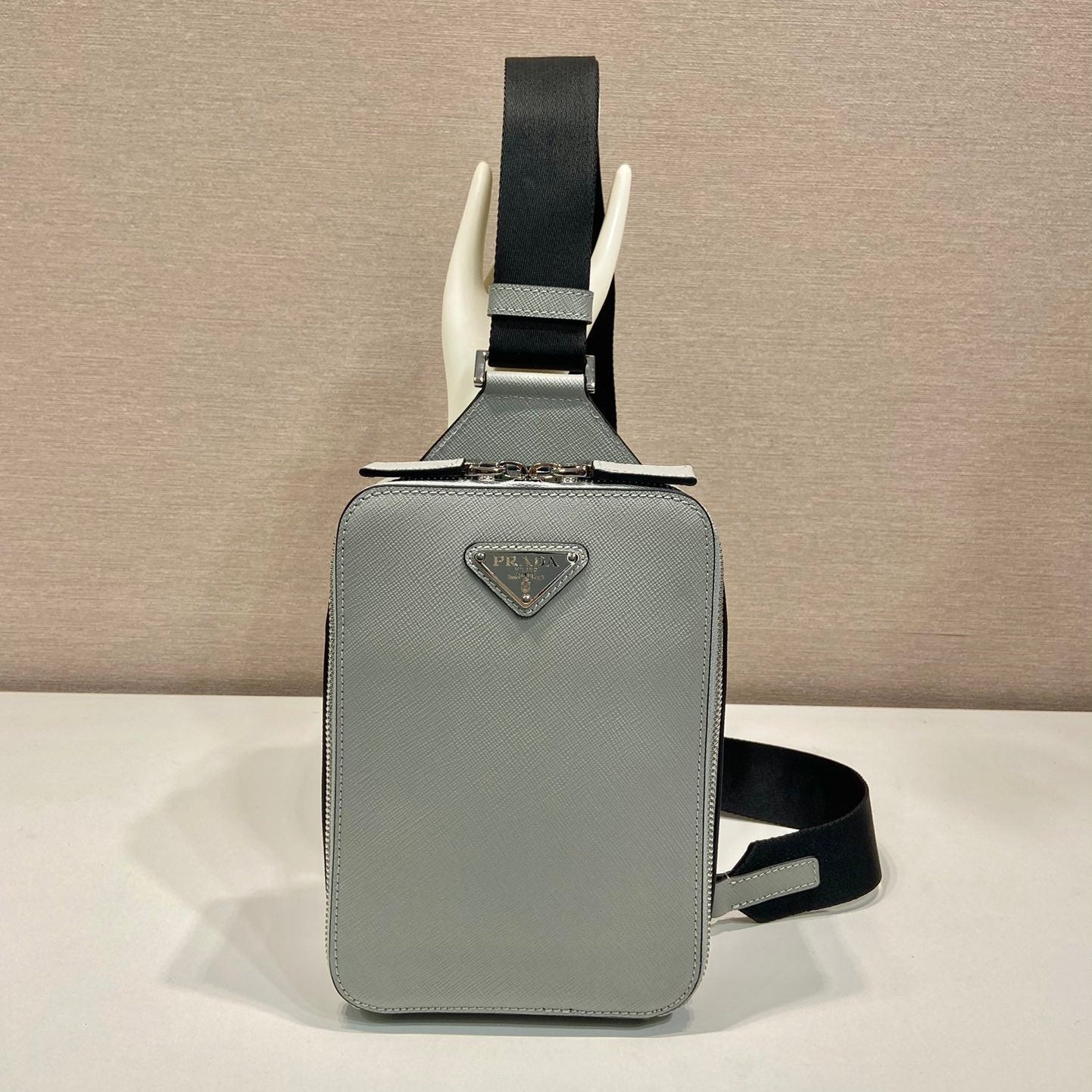 PRADA CHEST BAG 20 IN ECHO GRAY SAFFIANO LEATHER