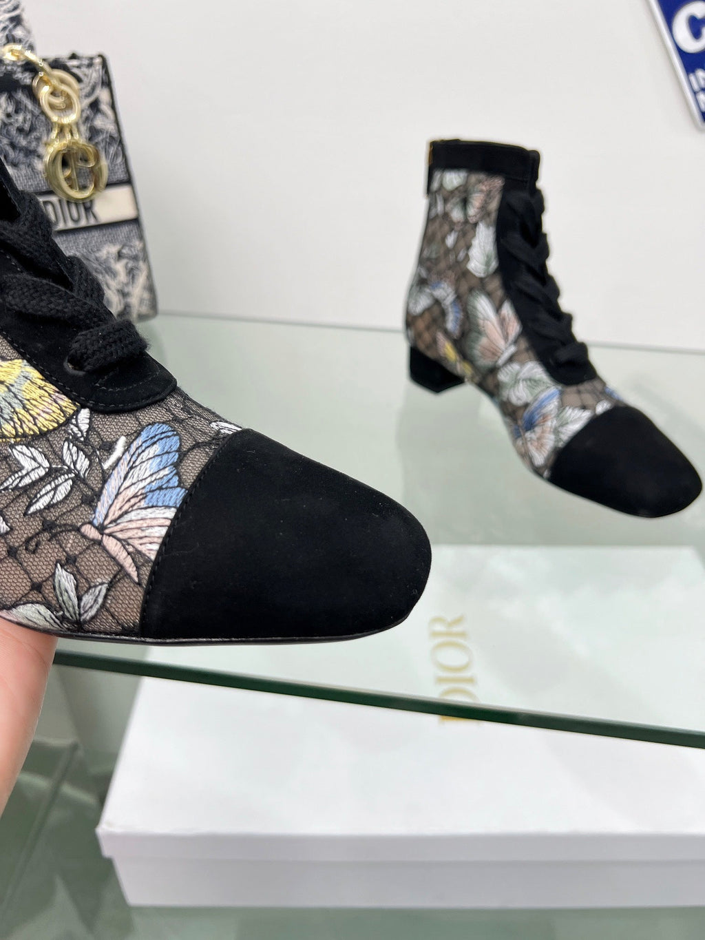 DIOR 25S NAUGHTILY-D ANKLE BOOTS 35 MM IN BLACK MESH TULLE AND SUEDE STYLE 3