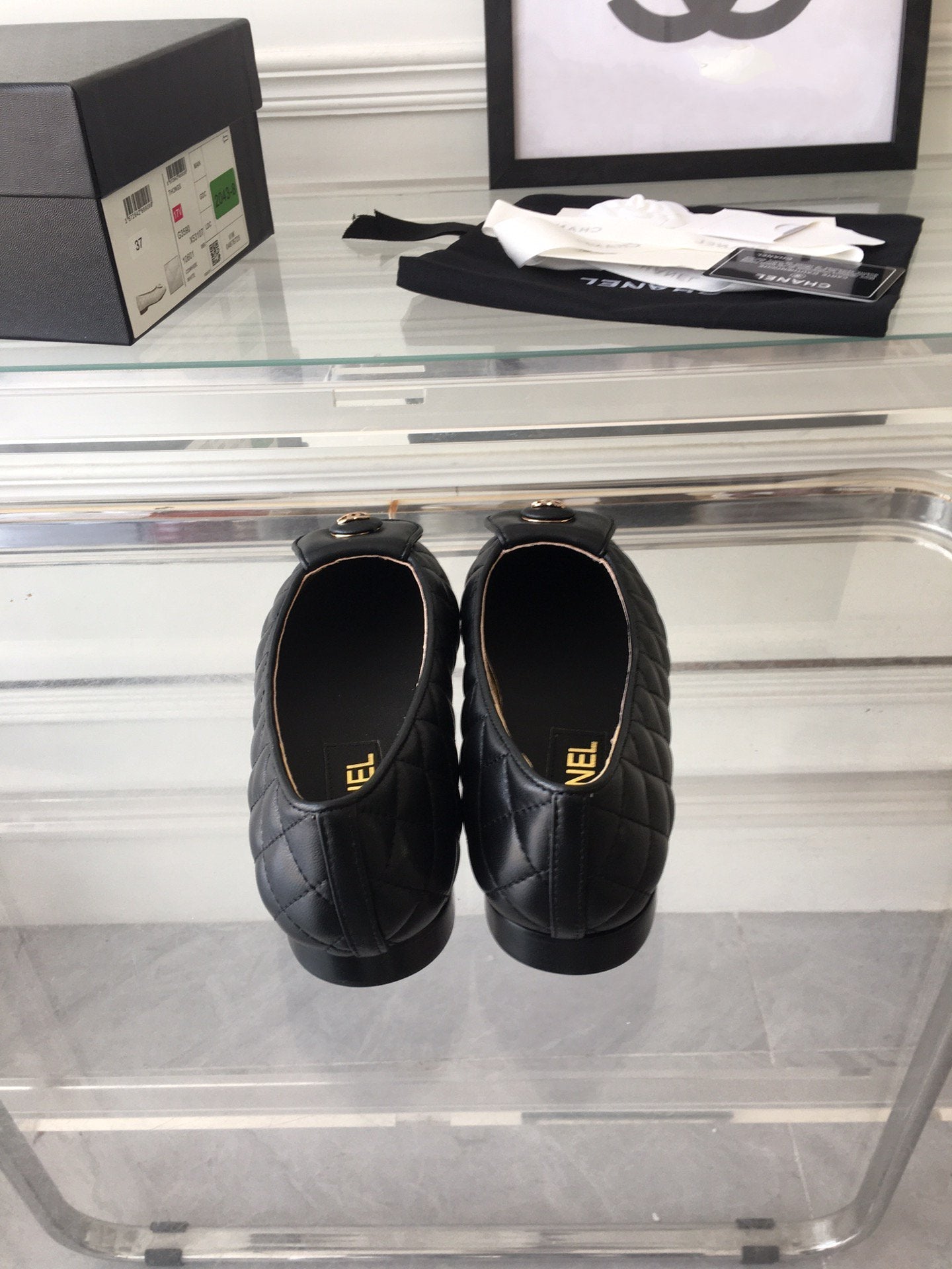 CHANEL ballet flat black quilted gold  lock