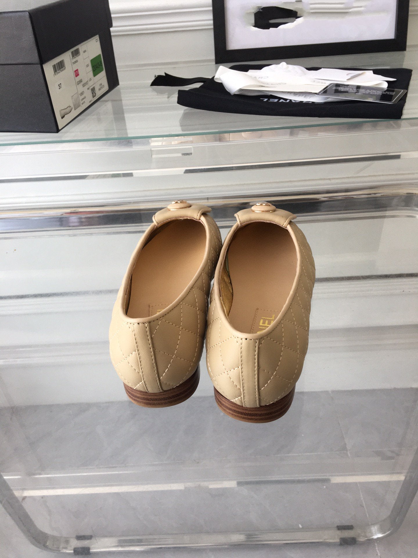 CHANEL ballet flat quilted beige gold  lock