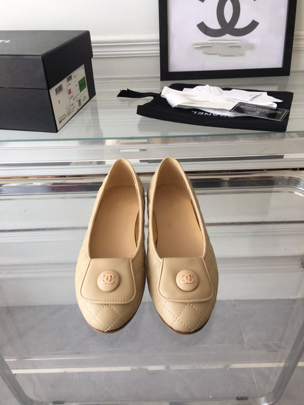 CHANEL ballet flat quilted beige gold  lock