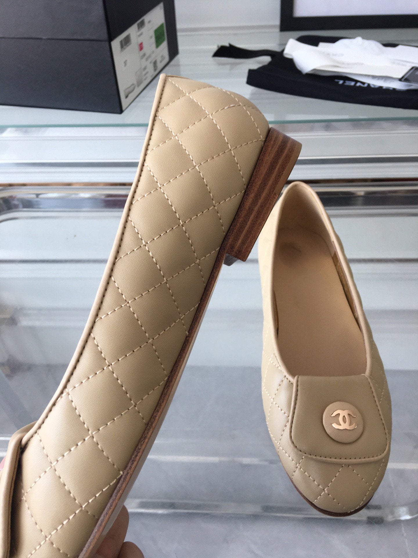 CHANEL ballet flat quilted beige gold  lock