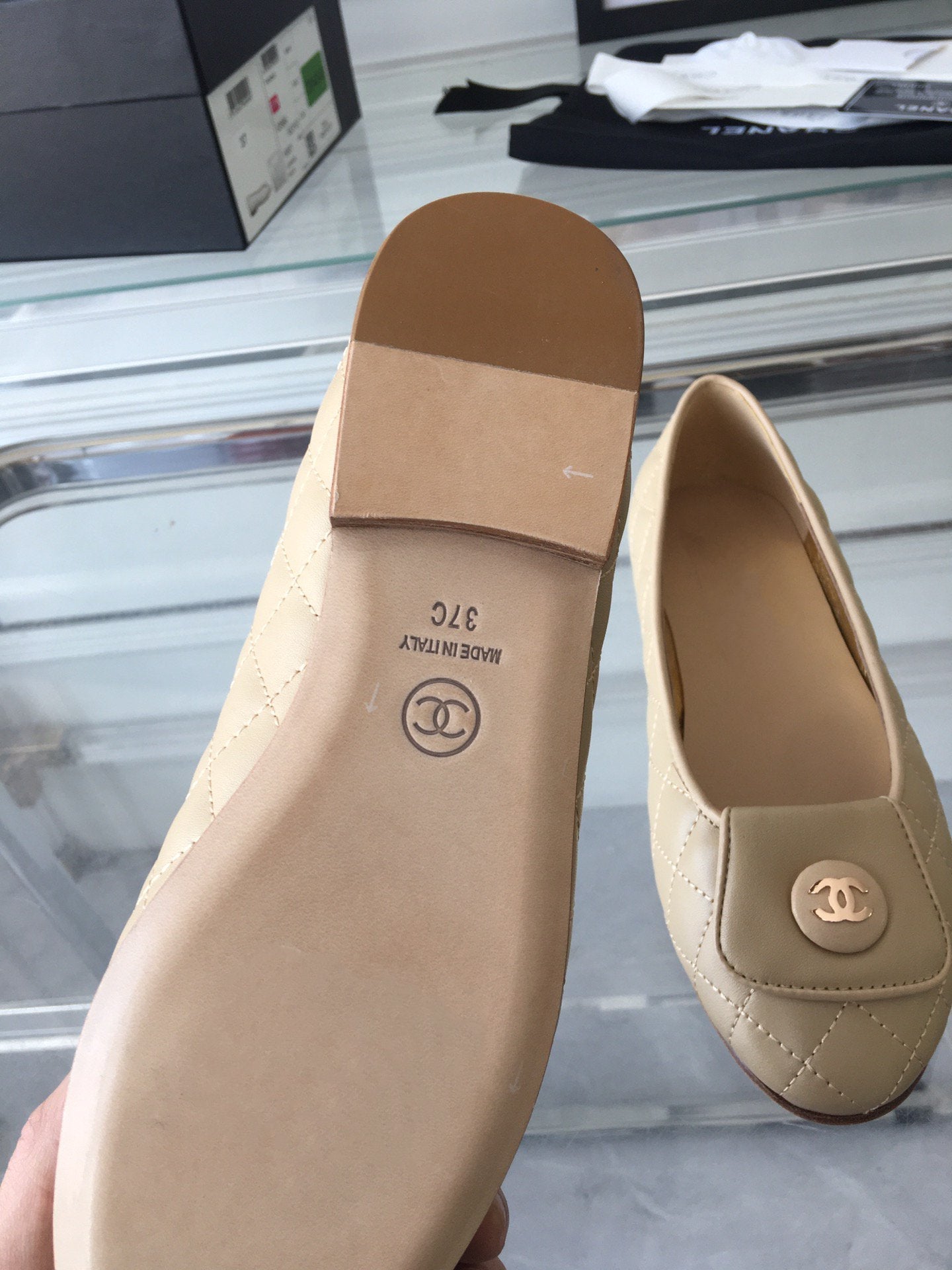 CHANEL ballet flat quilted beige gold  lock
