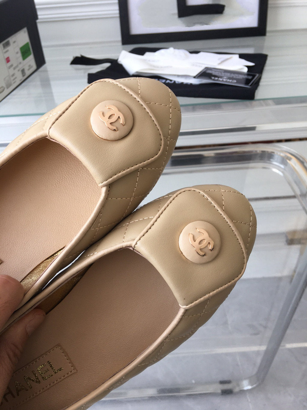 CHANEL ballet flat quilted beige gold  lock