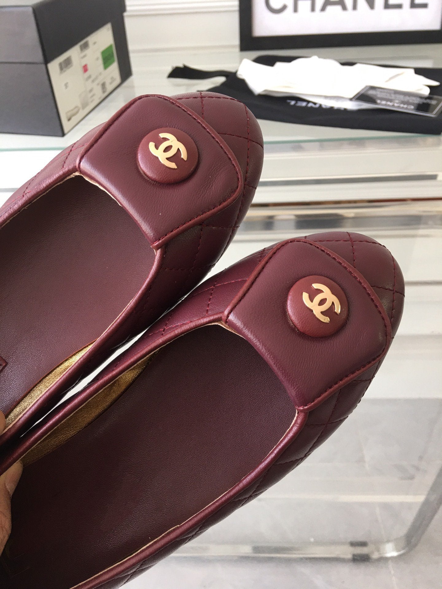 CHANEL ballet flat quilted wine gold  lock