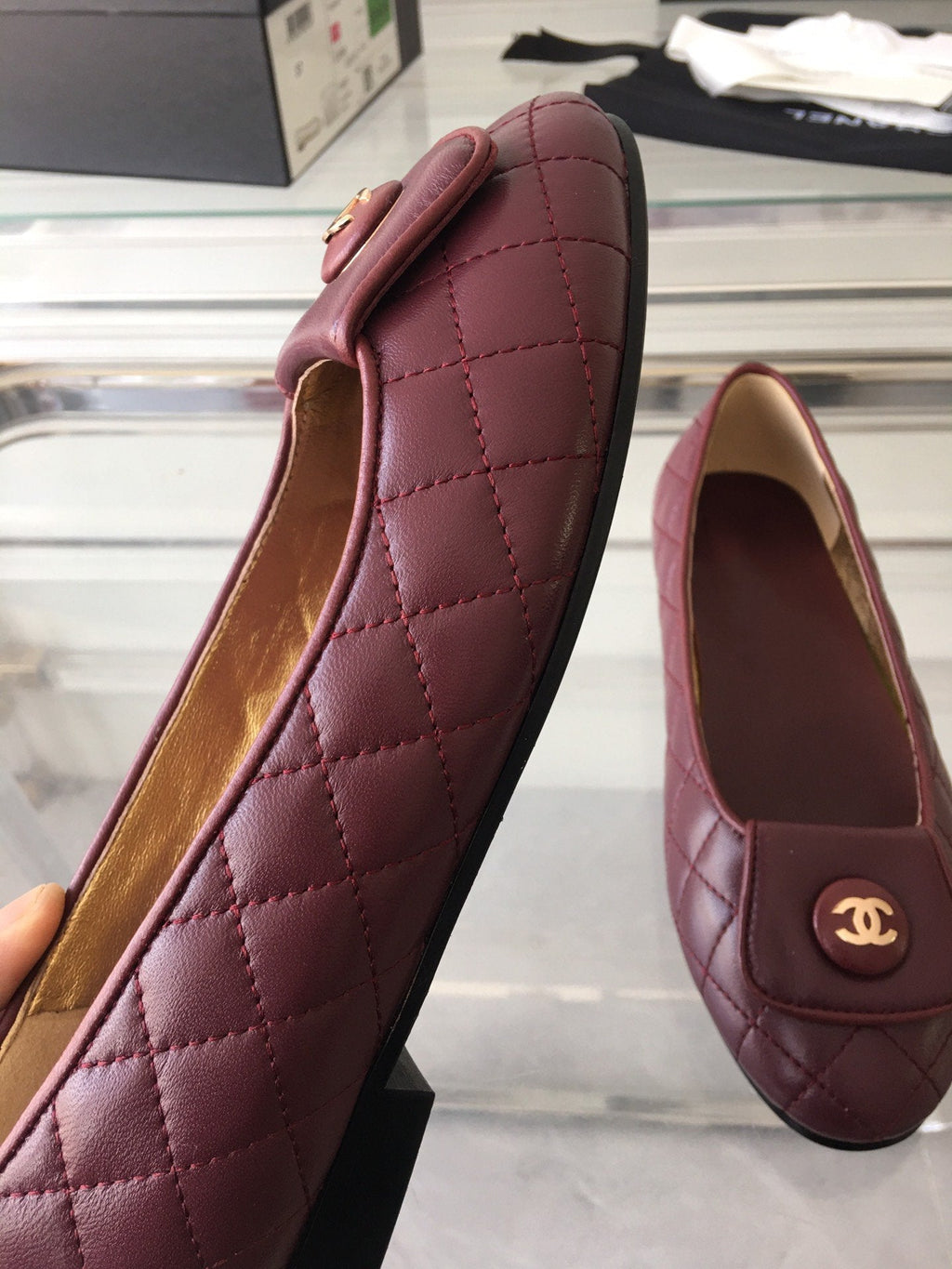 CHANEL ballet flat quilted wine gold  lock