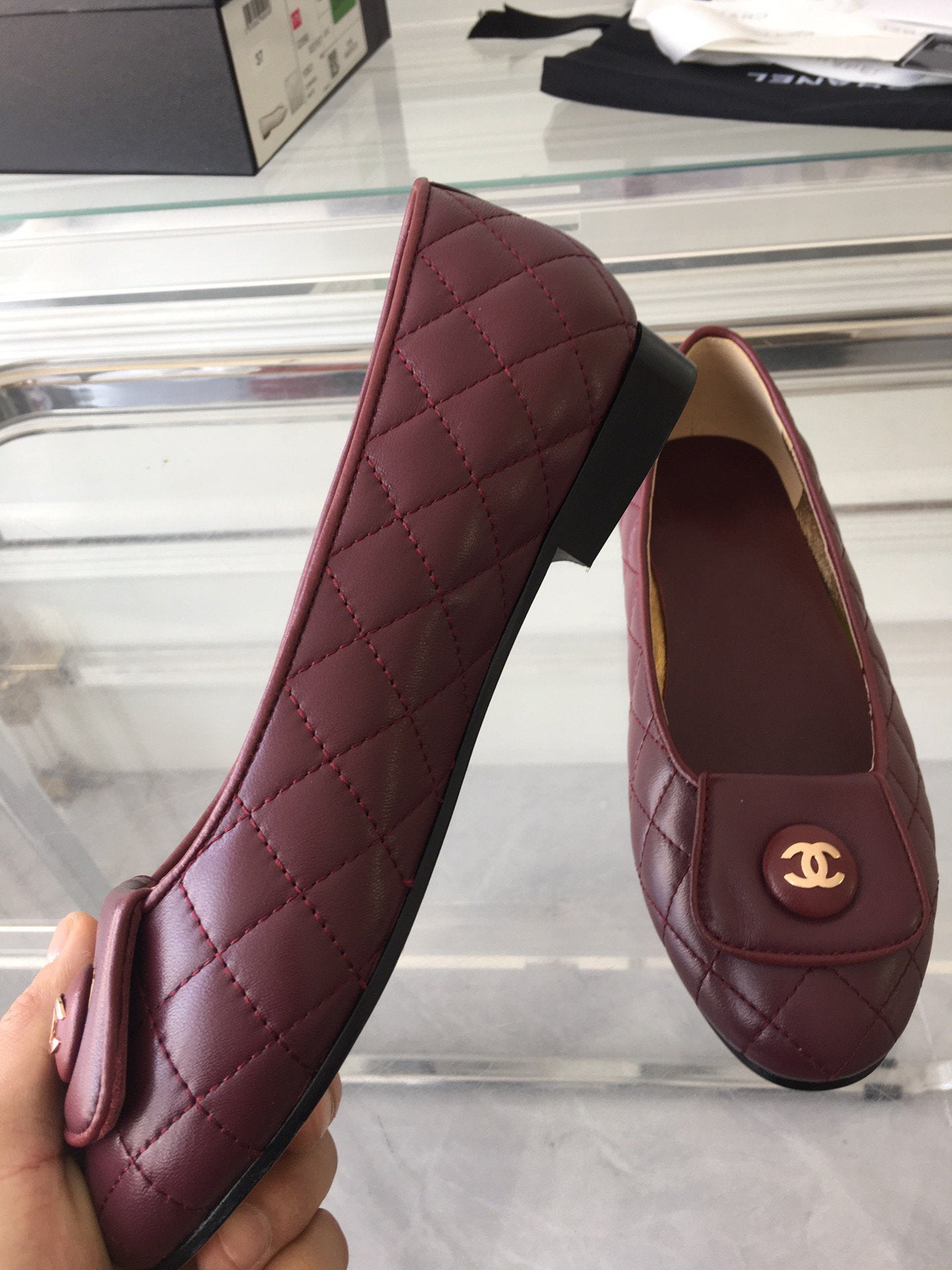 CHANEL ballet flat quilted wine gold  lock