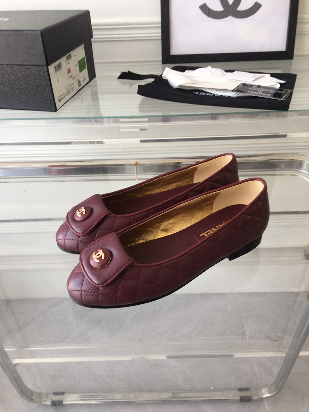 CHANEL ballet flat quilted wine gold  lock