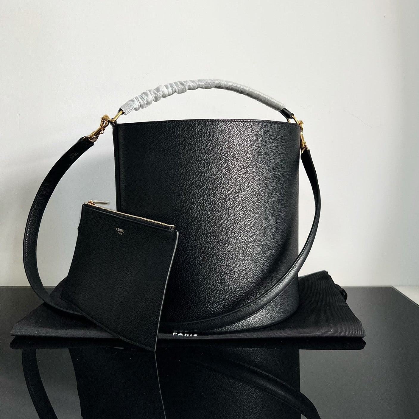 CELINE WOOL BUCKET BAG BLACK 24 ORIGINAL CALFSKIN