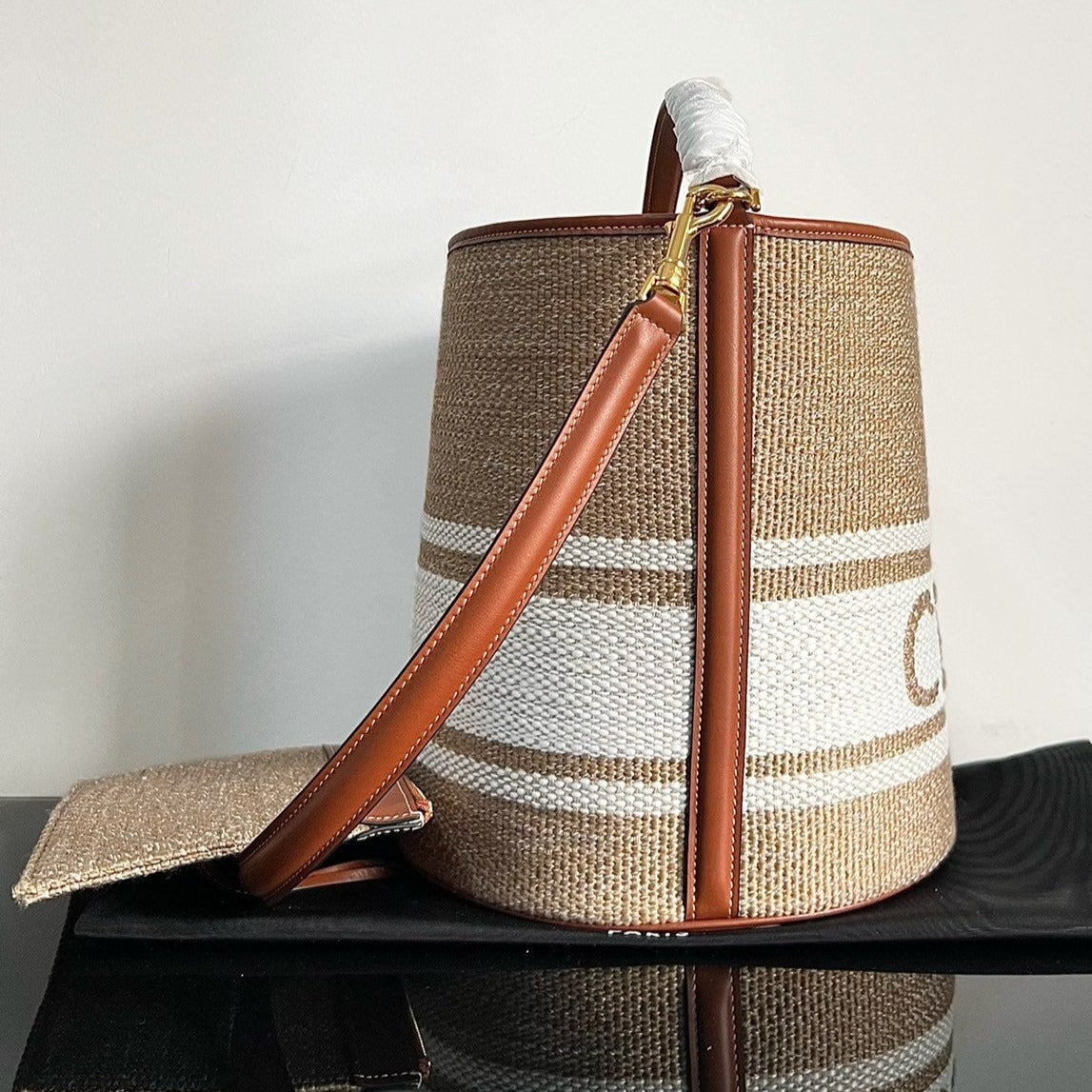 CELINE WOOL BUCKET BAG 24 BEIGE CREAM ORIGINAL CALFSKIN
