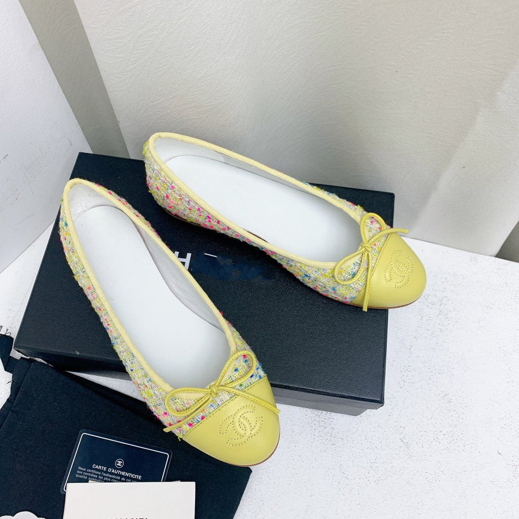 CHANEL ballet flat yellow red blue tweed grosgrain