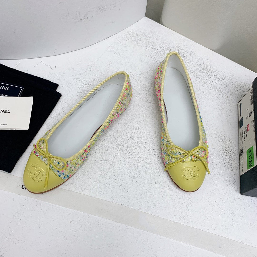 CHANEL ballet flat yellow red blue tweed grosgrain