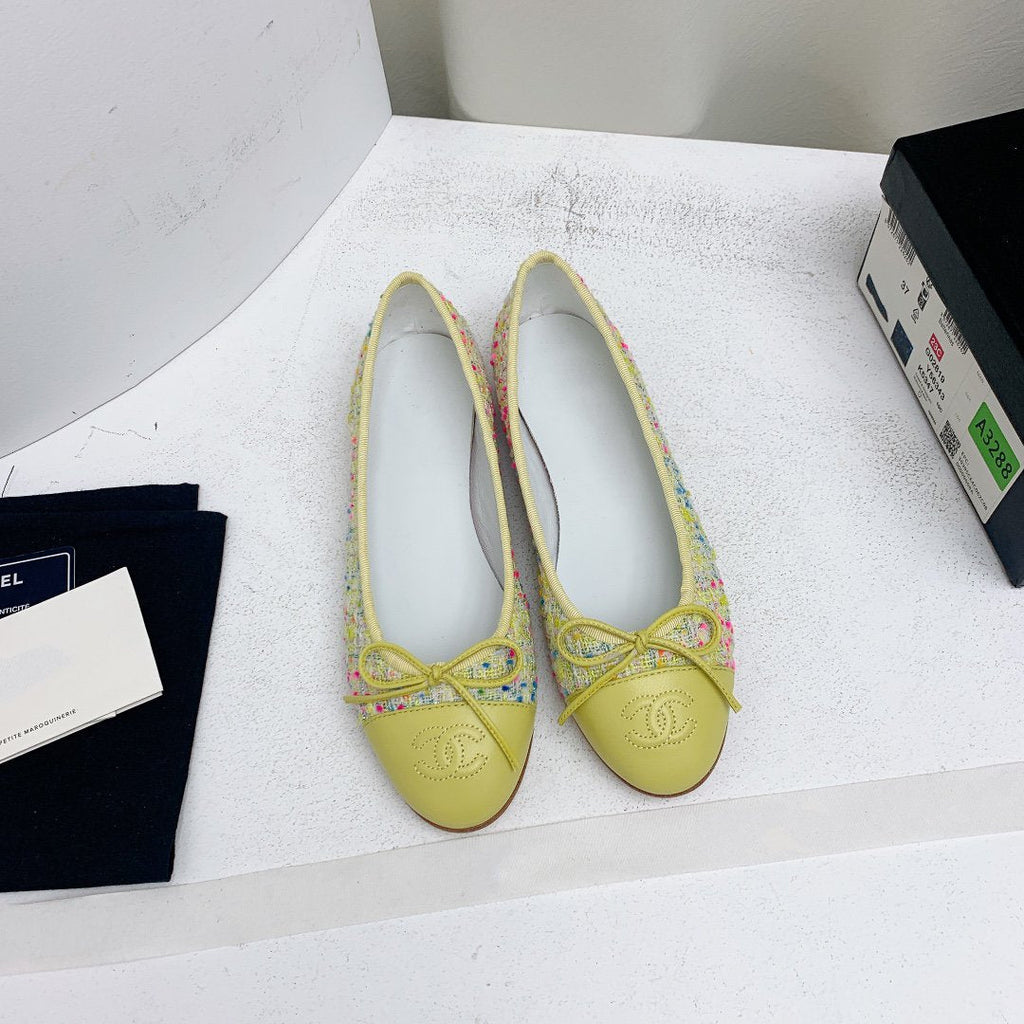 CHANEL ballet flat yellow red blue tweed grosgrain