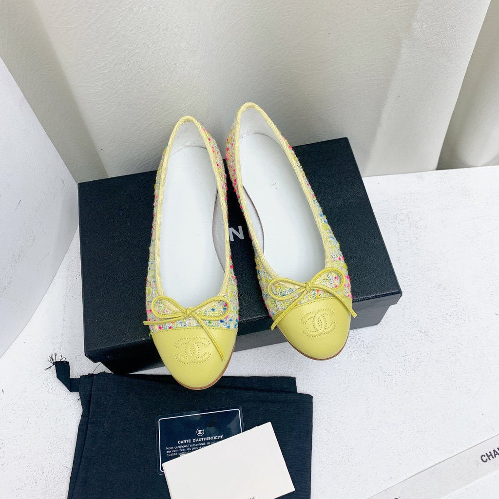 CHANEL ballet flat yellow red blue tweed grosgrain