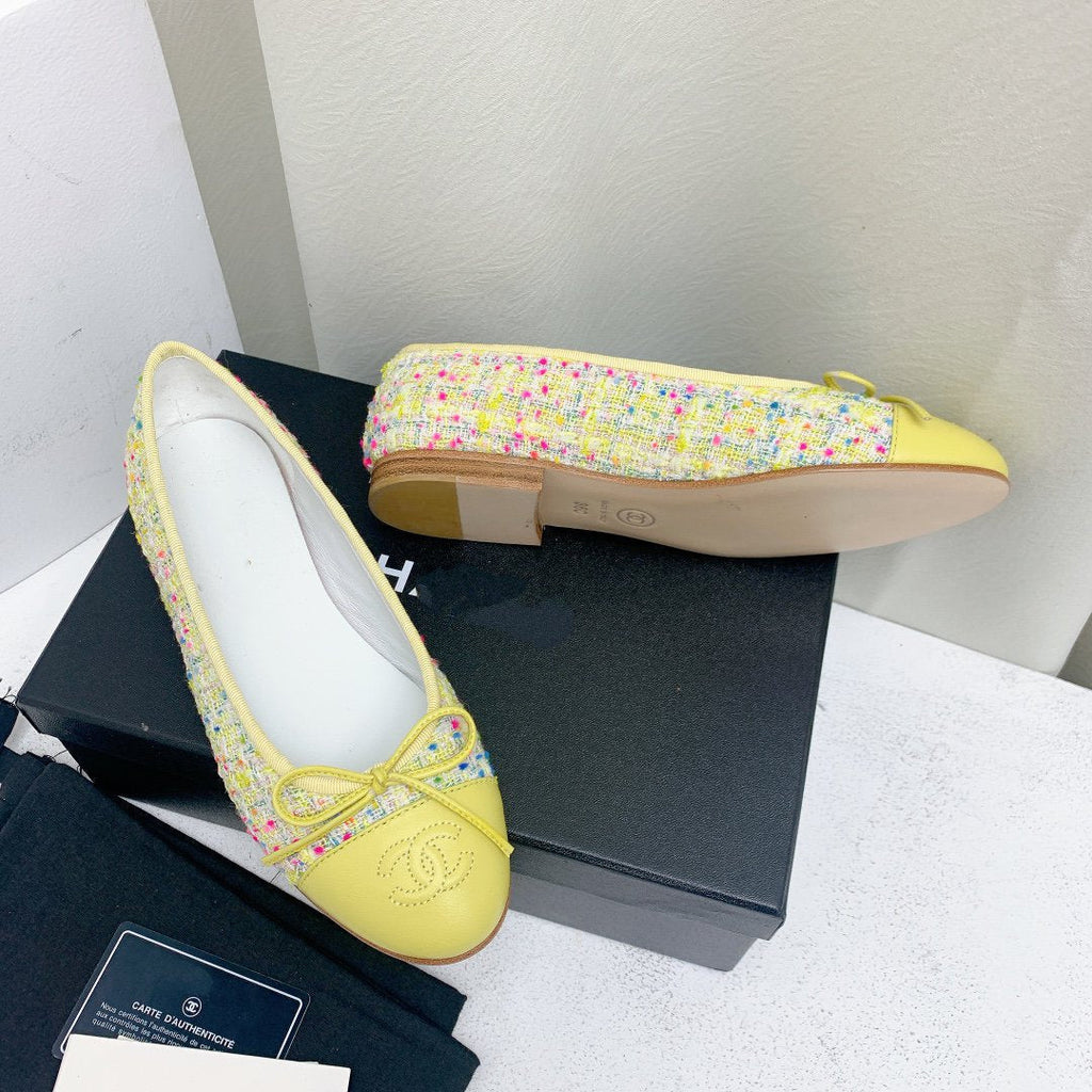 CHANEL ballet flat yellow red blue tweed grosgrain