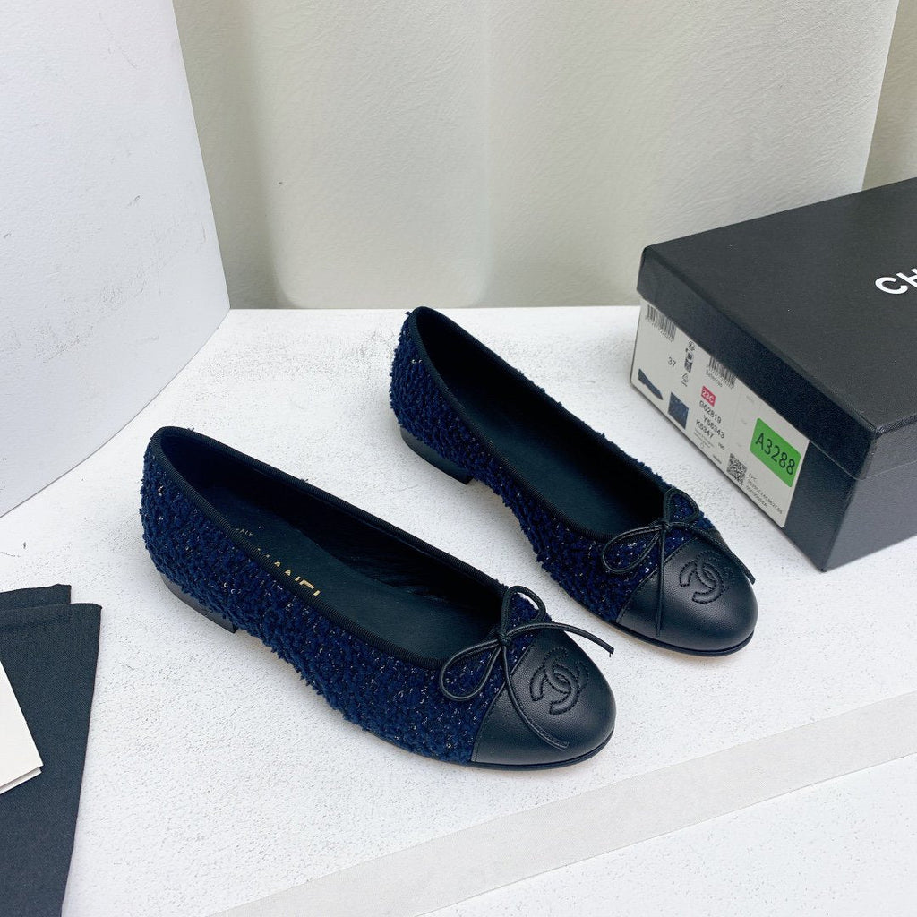 CHANEL ballet flat dark blue tweed black grosgrain