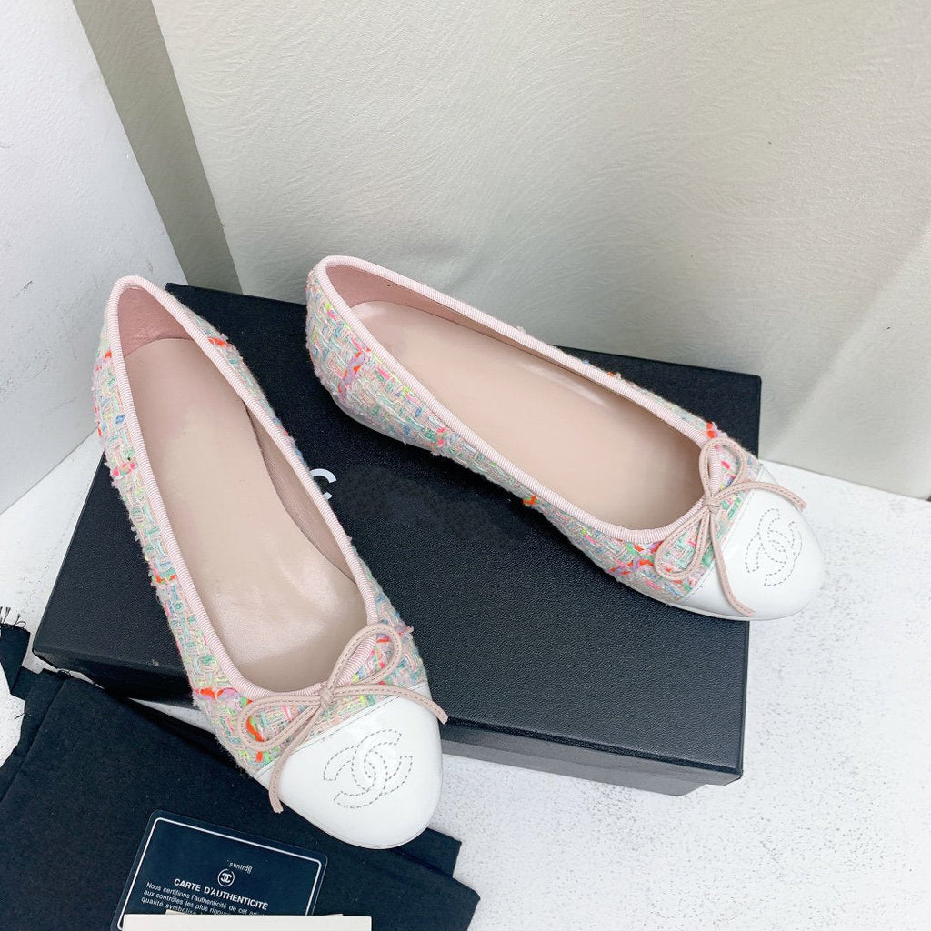 CHANEL ballet flat pink red white tweed grosgrain