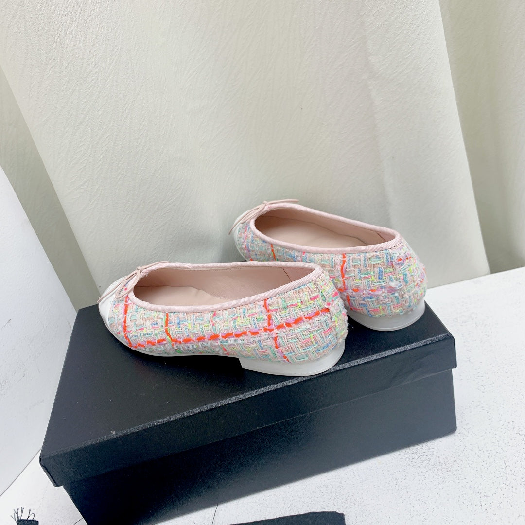CHANEL ballet flat pink red white tweed grosgrain