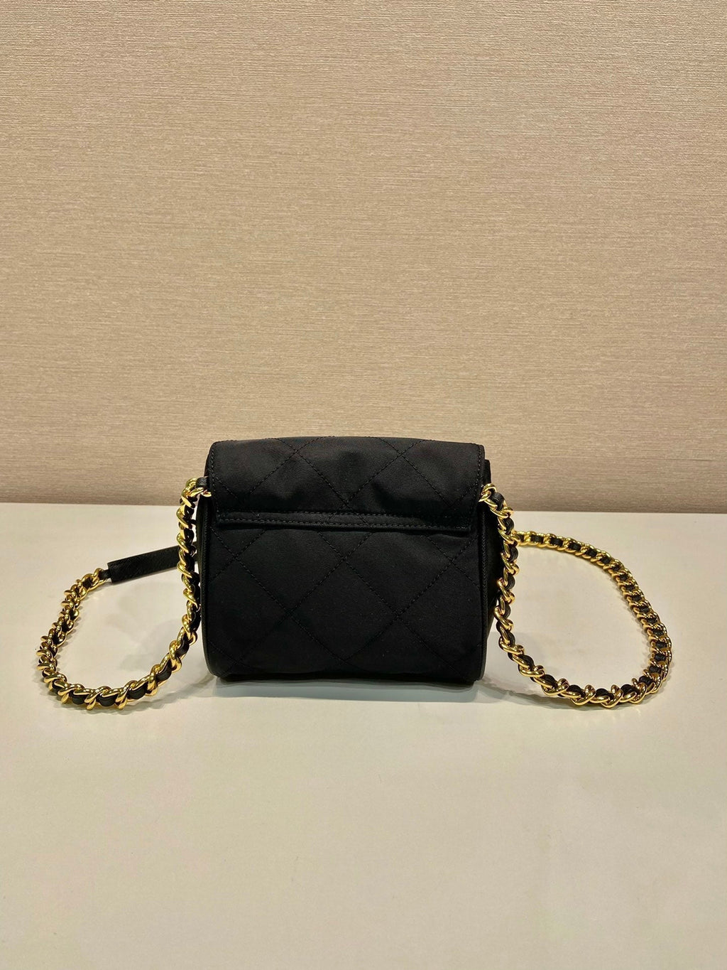PRADA MINI QUILTED FLAP BAG 14 IN BLACK RE-NYLON FABRIC GOLD CHAIN